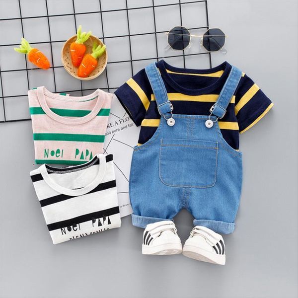 summer baby girls boys clothing casual toddler infant clothes kids striped t shirt bib pants suits children costume, White